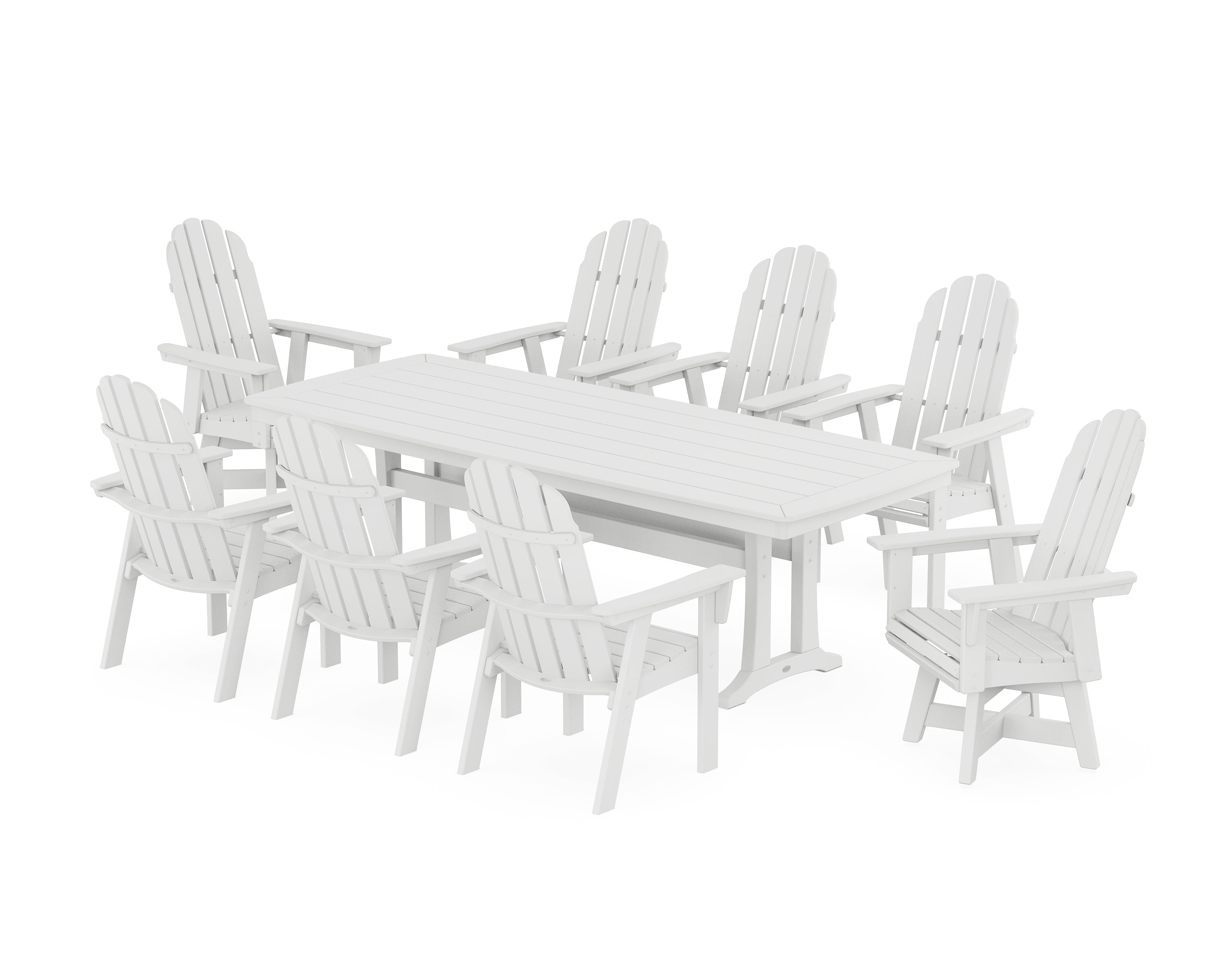 POLYWOOD® Vineyard Curveback Adirondack Swivel 9-Piece Dining Set with Trestle Legs in White