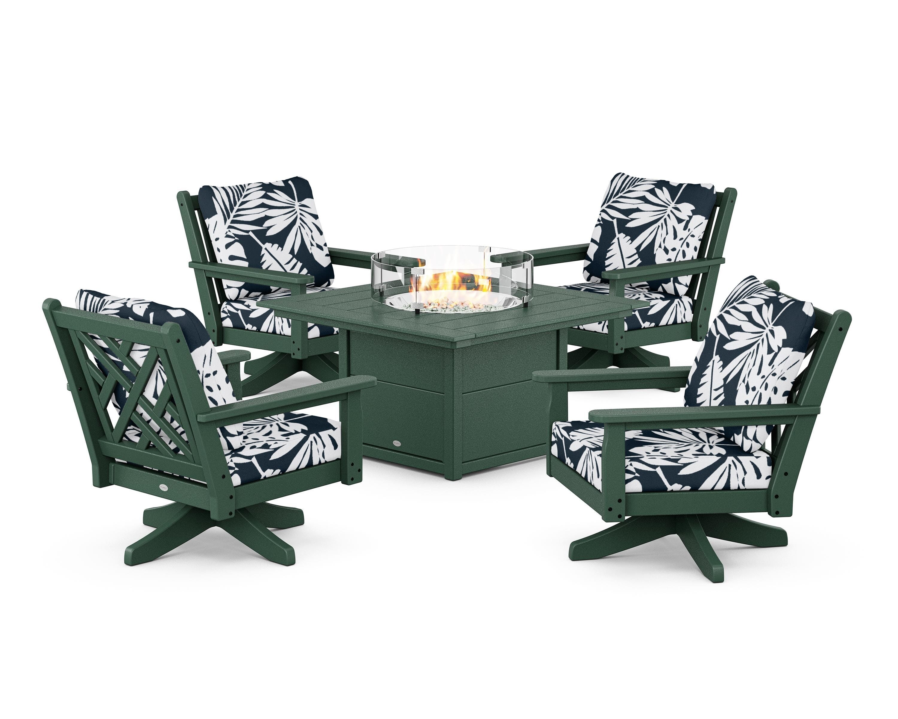 POLYWOOD® Chippendale 5-Piece Deep Seating Swivel Conversation Set with Fire Pit Table in Green / Leaf Marine Indigo