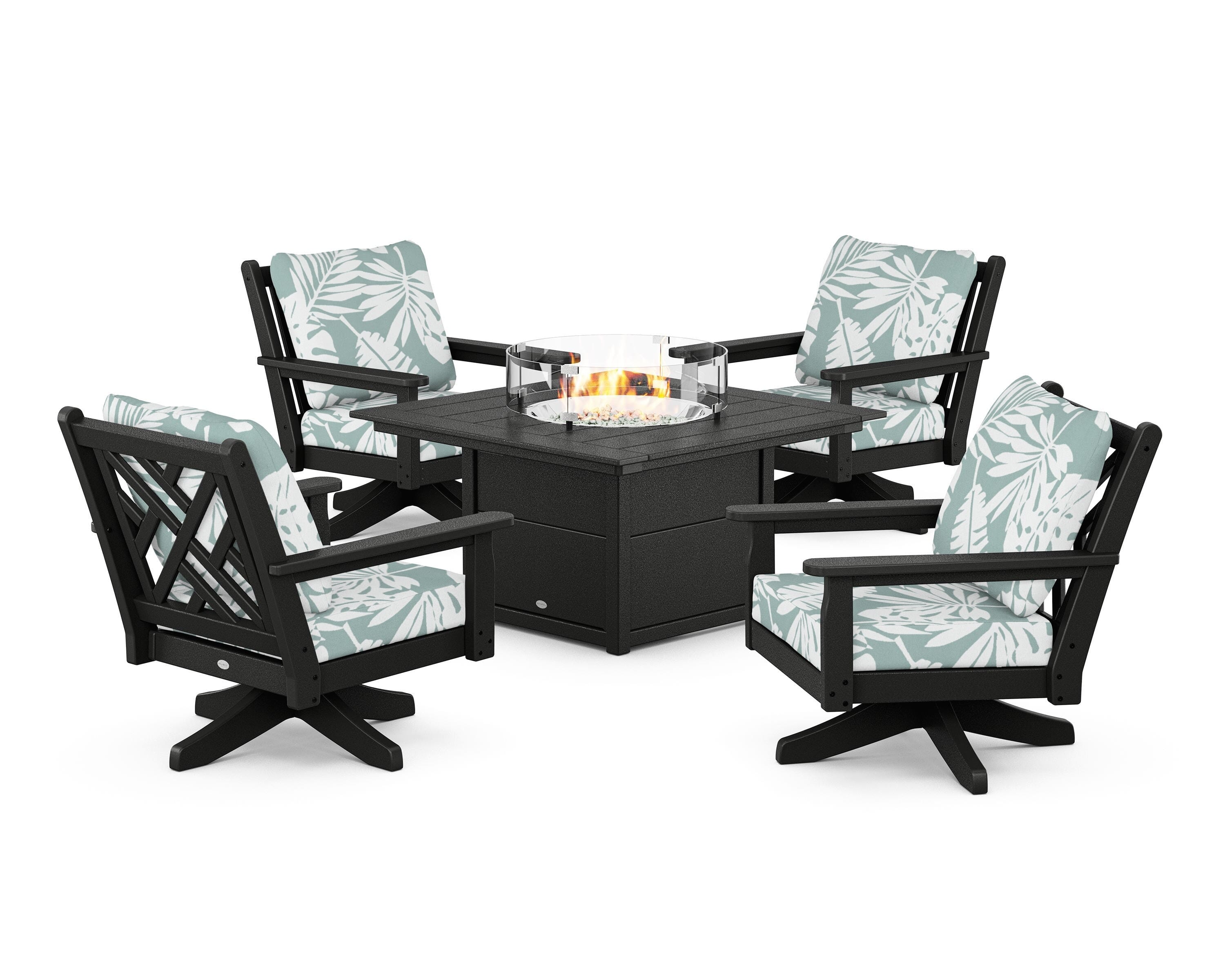 POLYWOOD® Chippendale 5-Piece Deep Seating Swivel Conversation Set with Fire Pit Table in Black / Leaf Glacier Spa