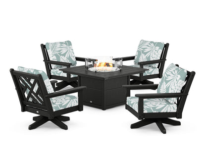 POLYWOOD® Chippendale 5-Piece Deep Seating Swivel Conversation Set with Fire Pit Table in Black / Leaf Glacier Spa