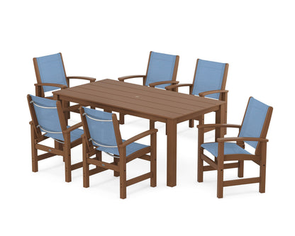 POLYWOOD® Coastal 7-Piece Parsons Dining Set in Teak / Poolside Sling