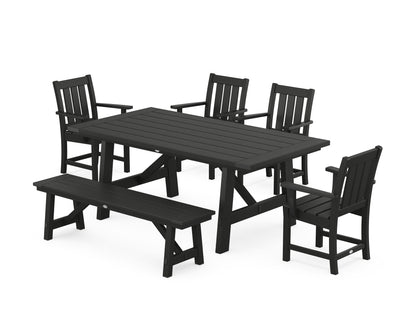 POLYWOOD® Oxford 6-Piece Rustic Farmhouse Dining Set with Bench in Black