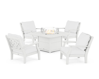 Martha Stewart by POLYWOOD® Chinoiserie 5-Piece Deep Seating Set with Fire Pit Table in White / Natural