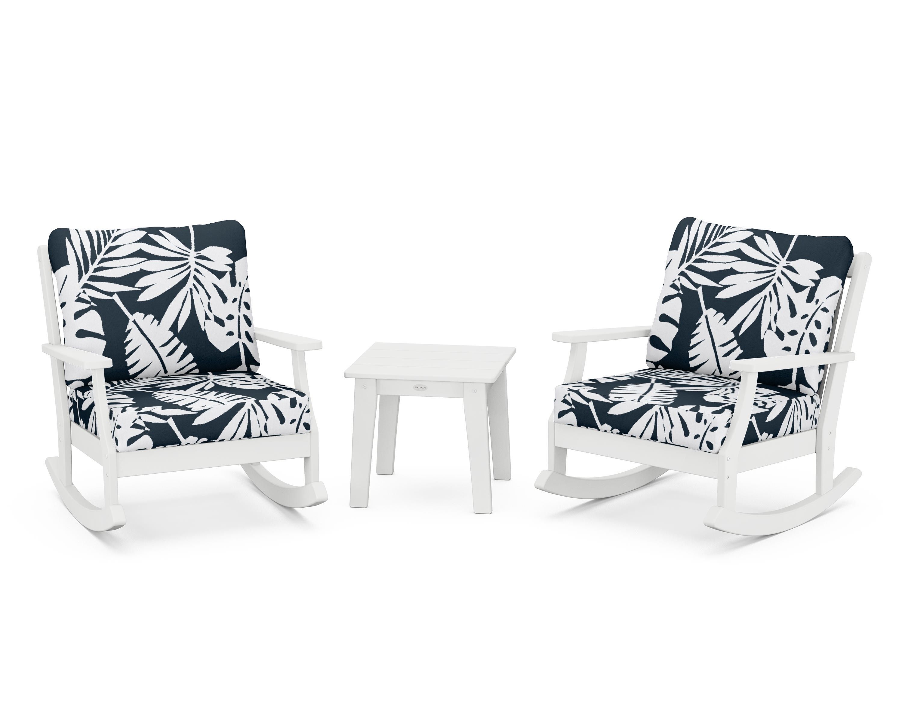 POLYWOOD® Braxton 3-Piece Deep Seating Rocker Set in White / Leaf Marine Indigo
