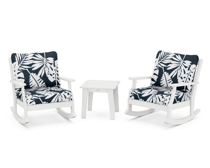 POLYWOOD® Braxton 3-Piece Deep Seating Rocker Set in White / Leaf Marine Indigo