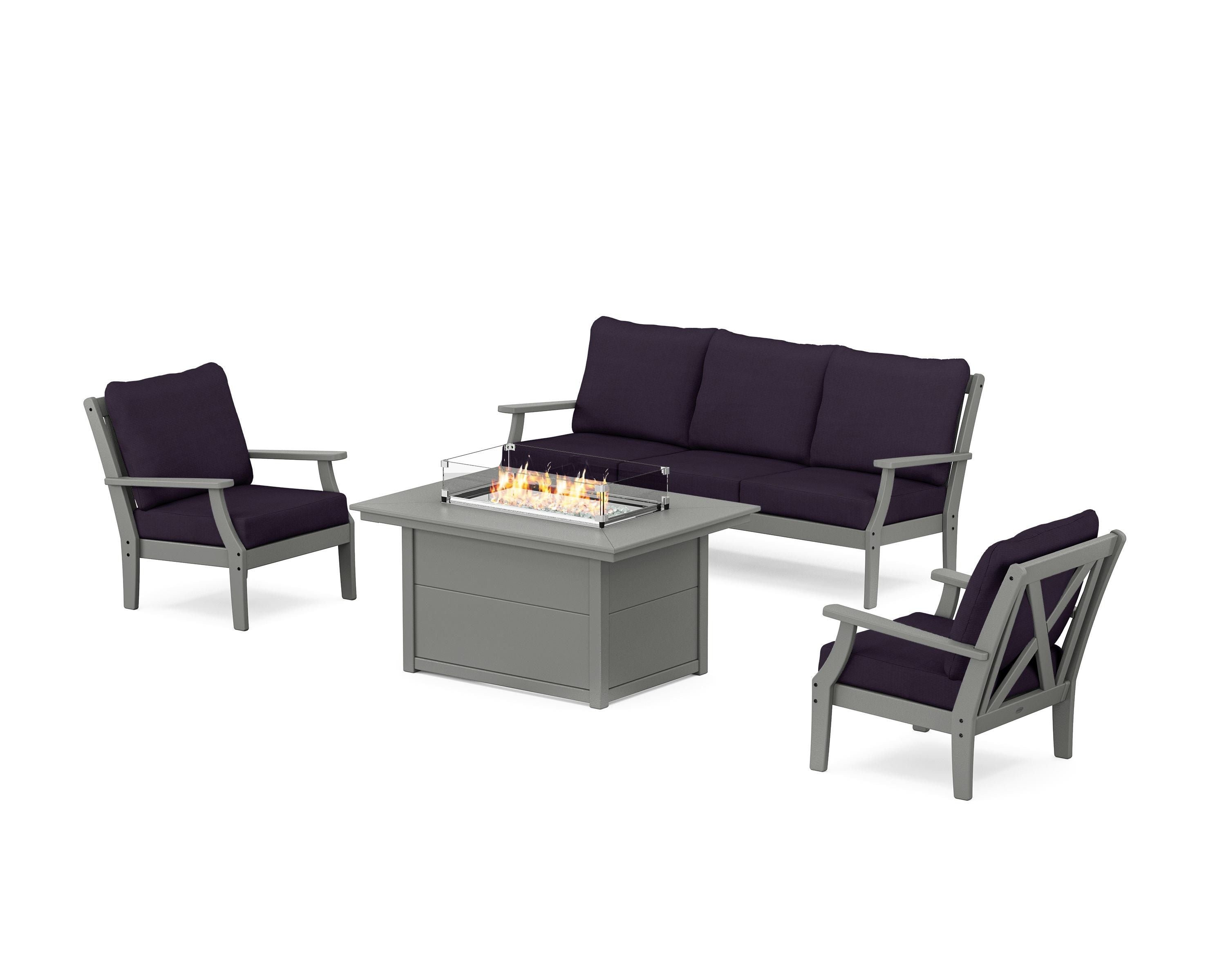 POLYWOOD® Braxton Deep Seating Fire Pit Table Set in Slate Grey / Navy Linen