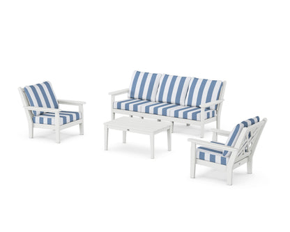 POLYWOOD® Chippendale 4-Piece Deep Seating Set with Sofa in White / Cabana Stripe Sky Blue