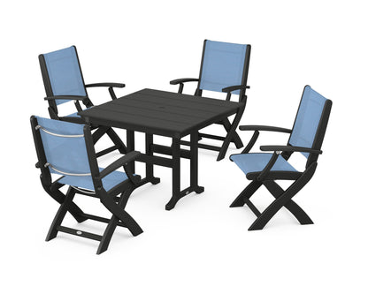 POLYWOOD® Coastal Folding Chair 5-Piece Farmhouse Dining Set in Black / Poolside Sling