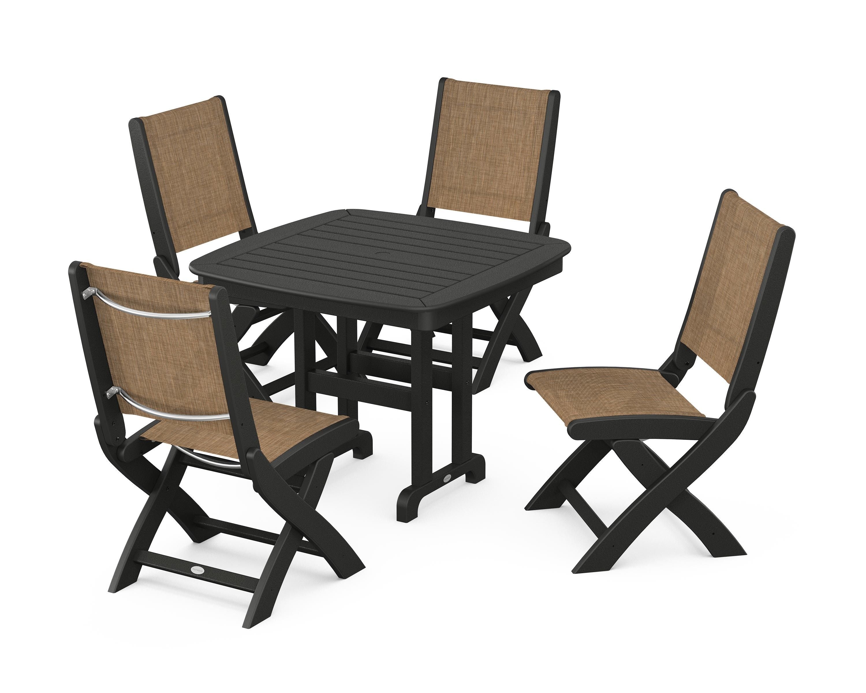 POLYWOOD® Coastal Folding Side Chair 5-Piece Dining Set in Black / Burlap Sling