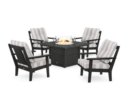 POLYWOOD® Prairie 5-Piece Deep Seating Set with Fire Pit Table in Black / Cabana Stripe Dune Burlap