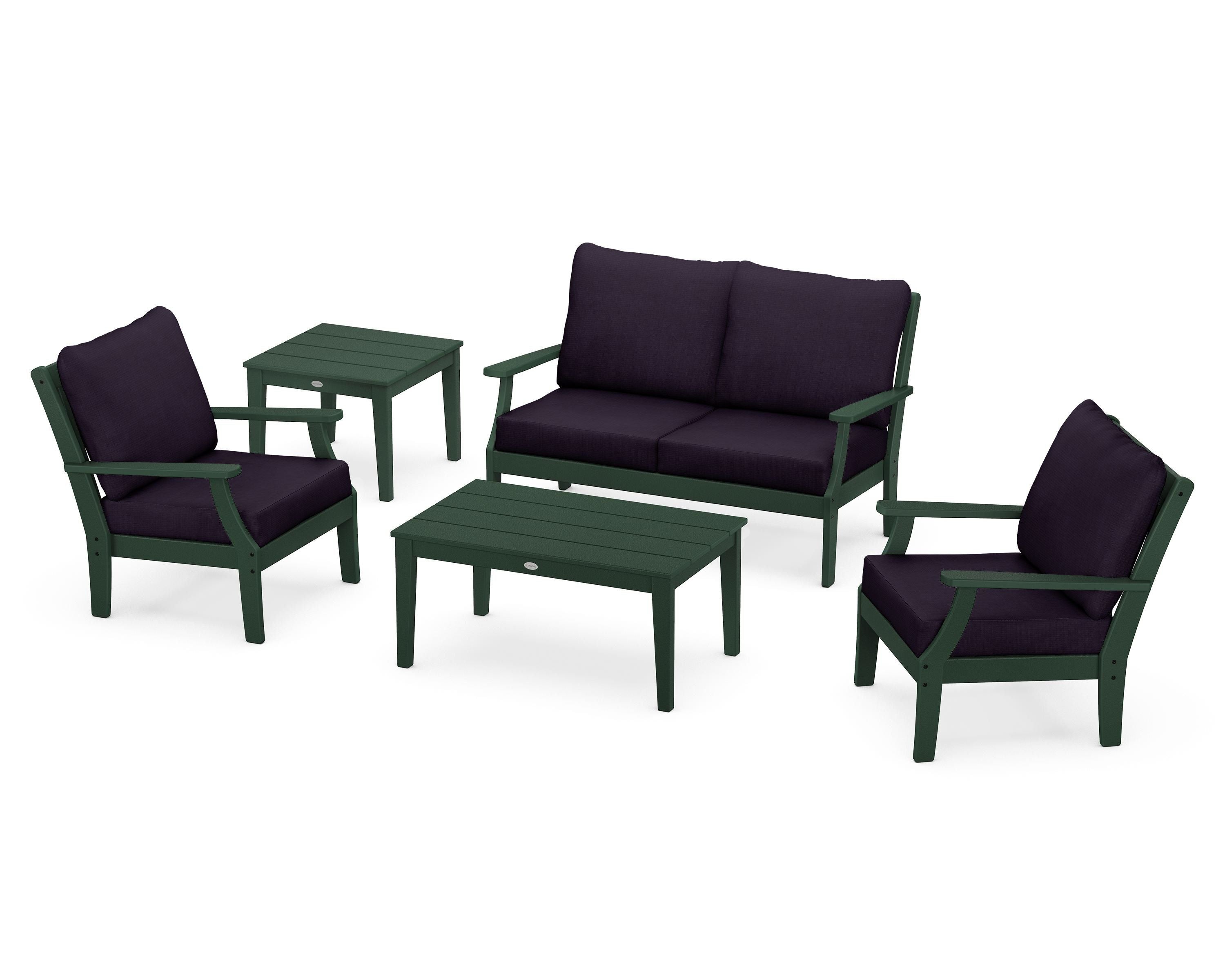 POLYWOOD® Braxton 5-Piece Deep Seating Set in Green / Navy Linen