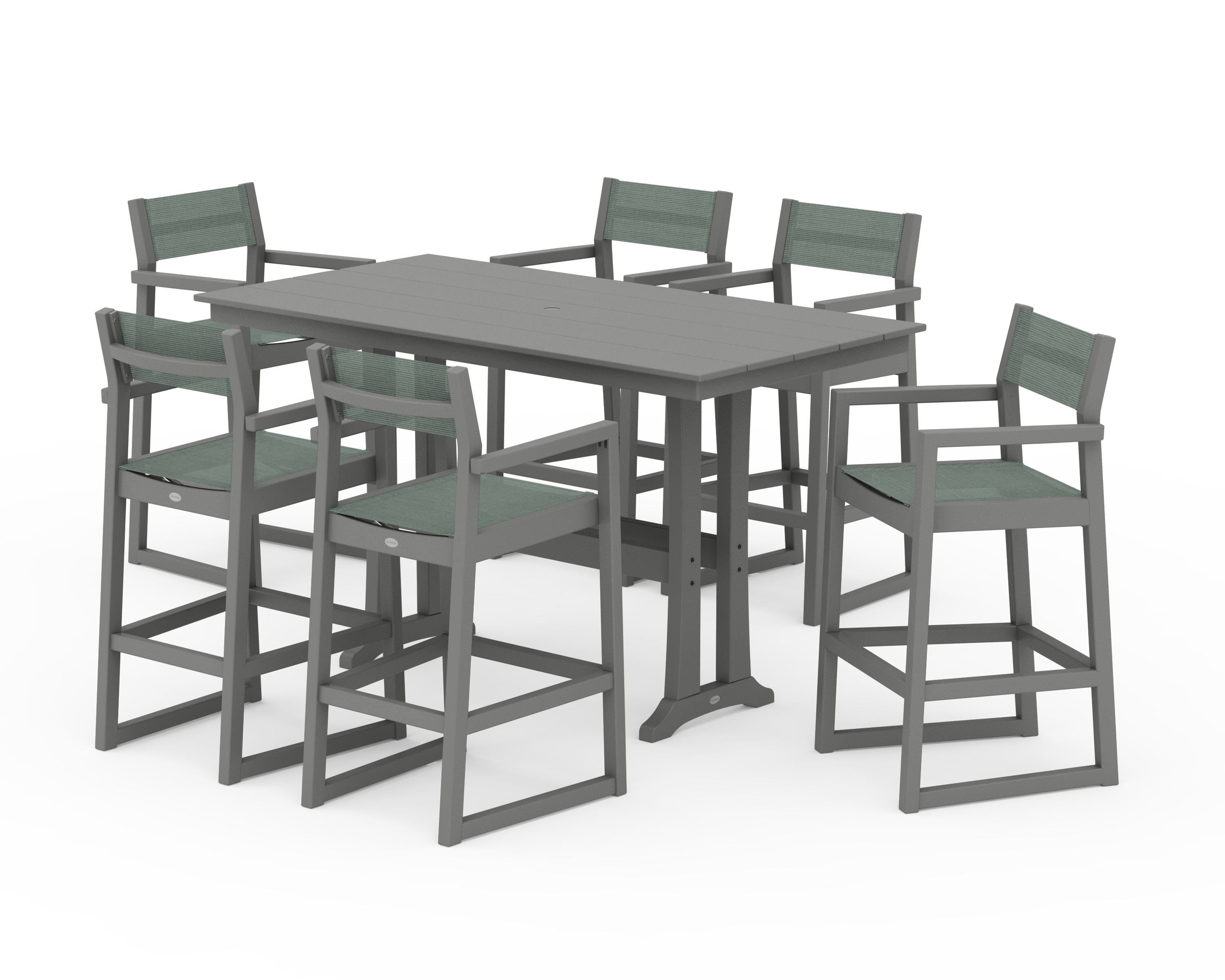 POLYWOOD® EDGE Sling Arm Chair 7-Piece Farmhouse Bar Set with Trestle Legs in Slate Grey / Dupioni Sea Mist Sling