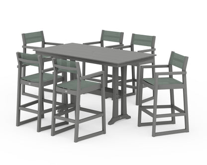 POLYWOOD® EDGE Sling Arm Chair 7-Piece Farmhouse Bar Set with Trestle Legs in Slate Grey / Dupioni Sea Mist Sling