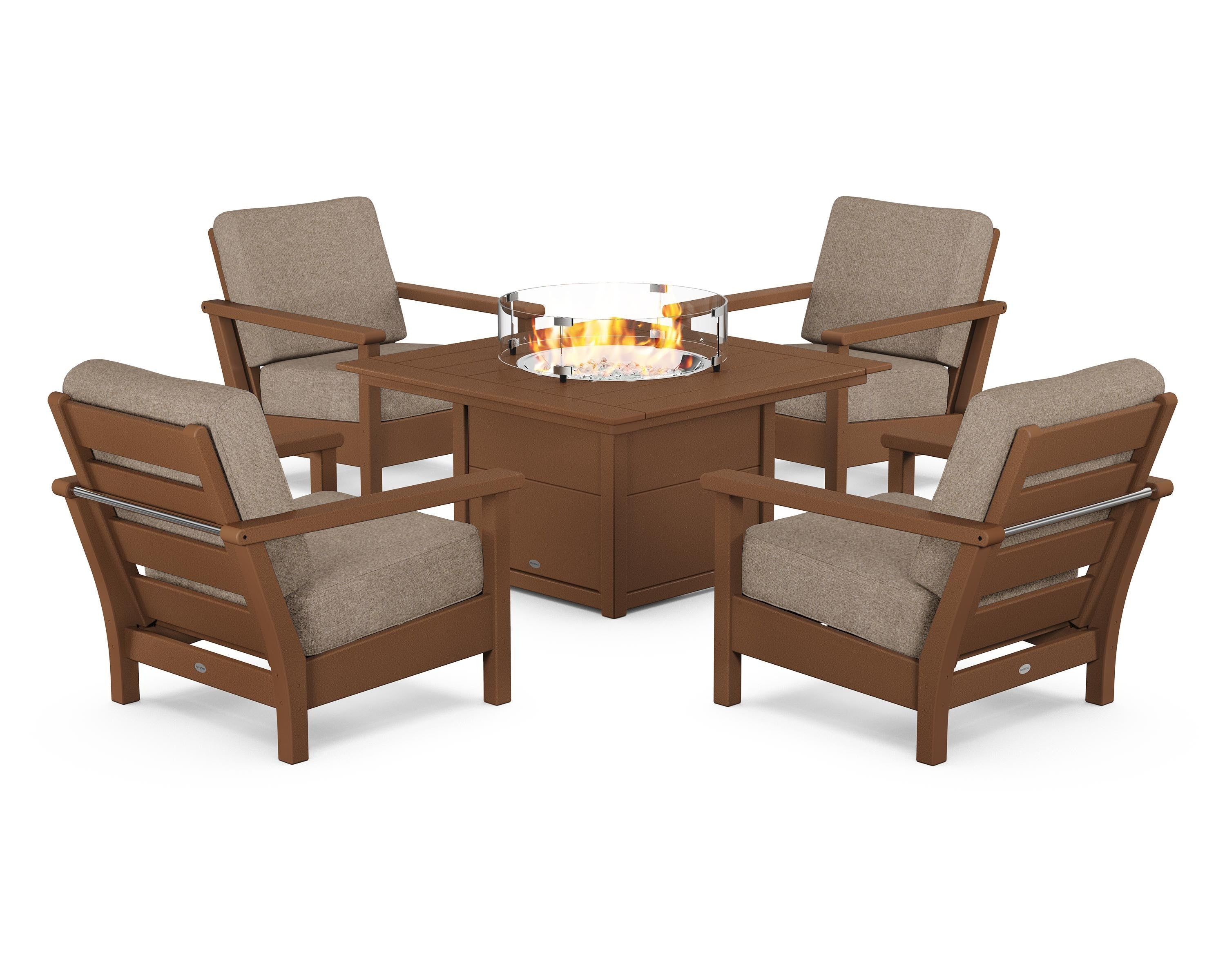 POLYWOOD® Harbour 5-Piece Conversation Set with Fire Pit Table in Teak / Spiced Burlap