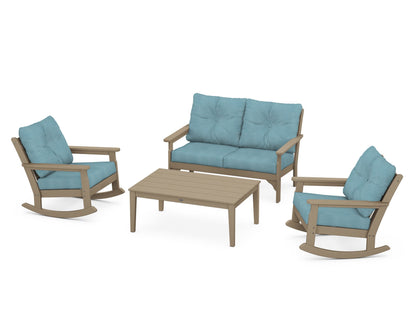POLYWOOD® Vineyard 4-Piece Deep Seating Rocking Chair Set in Vintage Sahara / Lattice Sky Blue