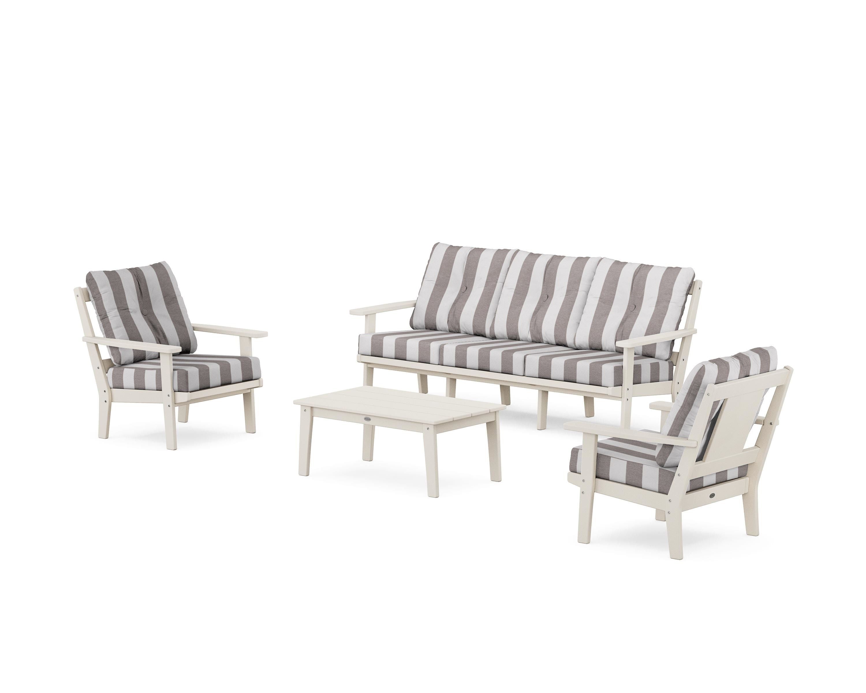 POLYWOOD® Prairie 4-Piece Deep Seating Set with Sofa in Sand / Cabana Stripe Grey Mist