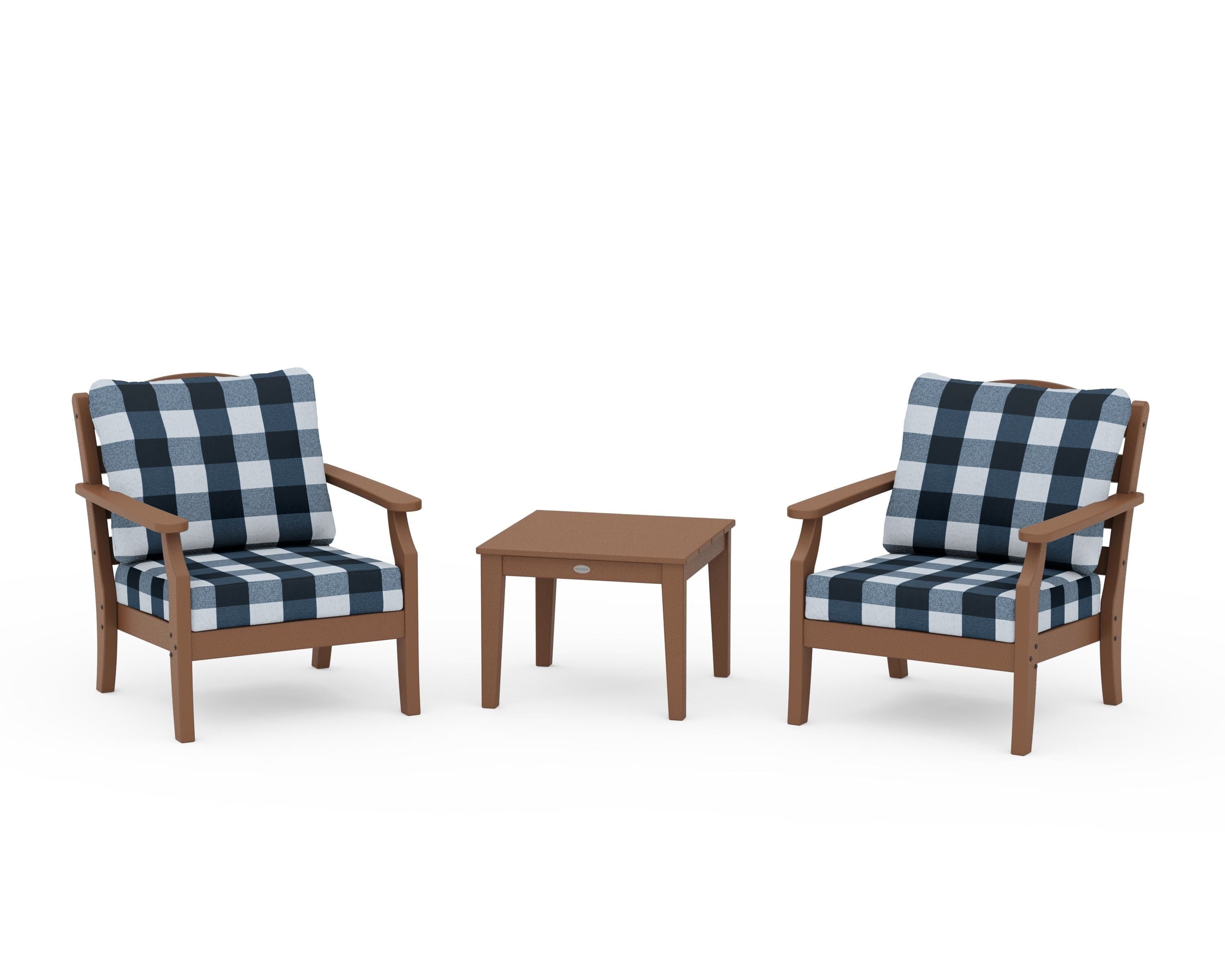 Draper James™ by  POLYWOOD® Savannah 3-Piece Deep Seating Set in Teak / Buffalo Plaid Marine Indigo