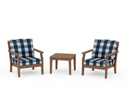 Draper James™ by  POLYWOOD® Savannah 3-Piece Deep Seating Set in Teak / Buffalo Plaid Marine Indigo