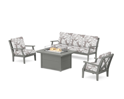 POLYWOOD® Braxton Deep Seating Fire Pit Table Set in Slate Grey / Leaf Grey Mist