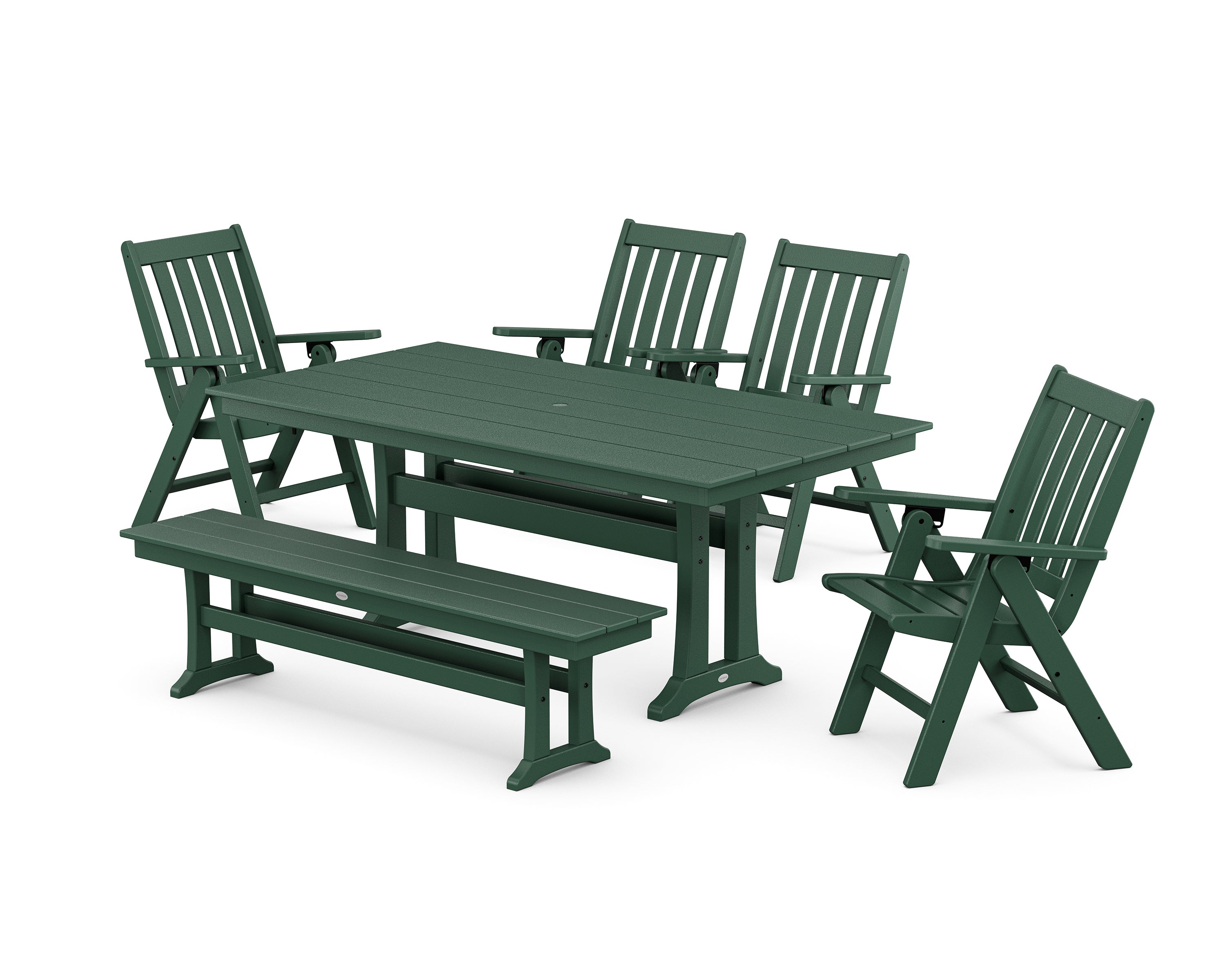POLYWOOD® Vineyard 6-Piece Folding Chair Farmhouse Dining Set with Trestle Legs and Bench in Green