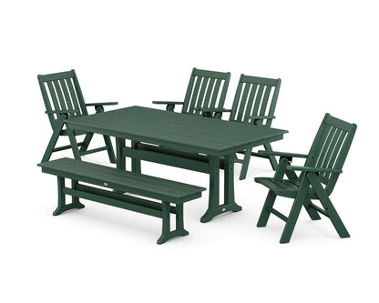 POLYWOOD® Vineyard 6-Piece Folding Chair Farmhouse Dining Set with Trestle Legs and Bench in Green