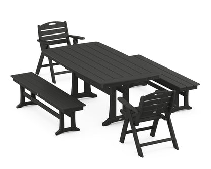 POLYWOOD® Nautical Folding Lowback Chair 5-Piece Dining Set with Trestle Legs and Benches in Black