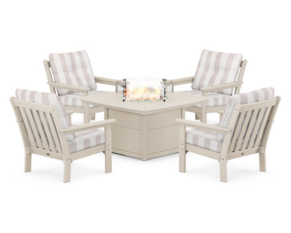 POLYWOOD® Vineyard 5-Piece Conversation Set with Fire Pit Table in Sand / Buffalo Plaid Dune Burlap