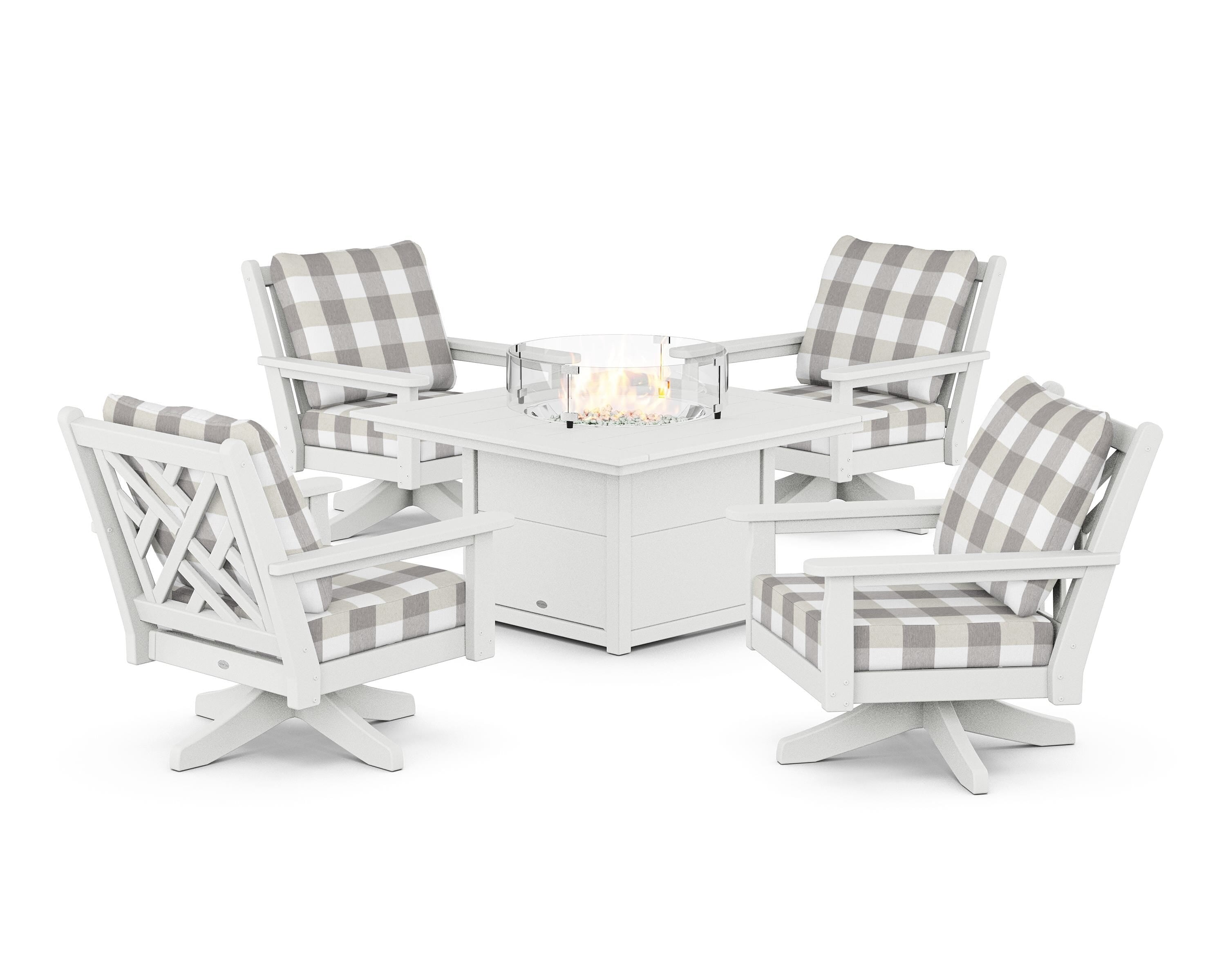 POLYWOOD® Chippendale 5-Piece Deep Seating Swivel Conversation Set with Fire Pit Table in White / Buffalo Plaid Grey Mist