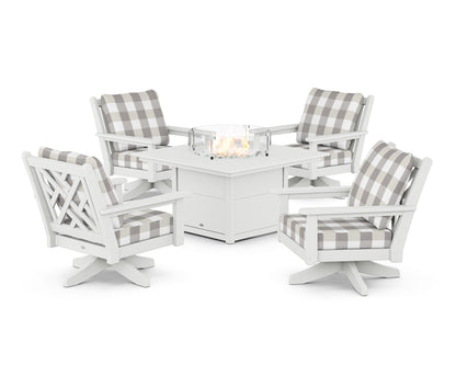 POLYWOOD® Chippendale 5-Piece Deep Seating Swivel Conversation Set with Fire Pit Table in White / Buffalo Plaid Grey Mist