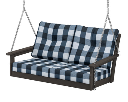 POLYWOOD® Vineyard Deep Seating Swing in Vintage Coffee / Buffalo Plaid Marine Indigo