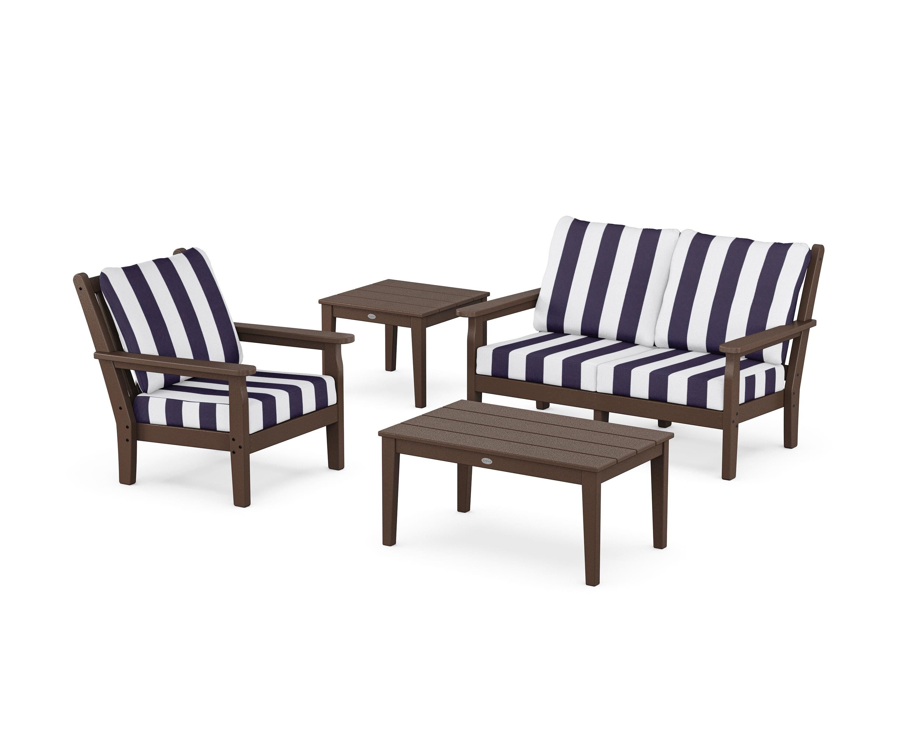 POLYWOOD® Chippendale 4-Piece Deep Seating Set in Mahogany / Cabana Stripe Navy