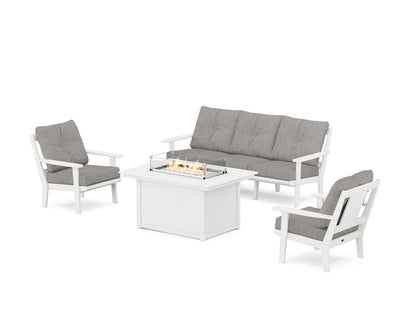 POLYWOOD® Prairie Deep Seating Fire Pit Table Set in White / Grey Mist