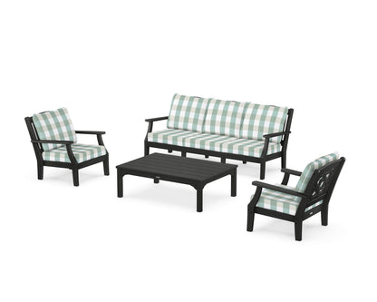 Martha Stewart by POLYWOOD® Chinoiserie 4-Piece Deep Seating Set with Sofa in Black / Buffalo Plaid Glacier Spa