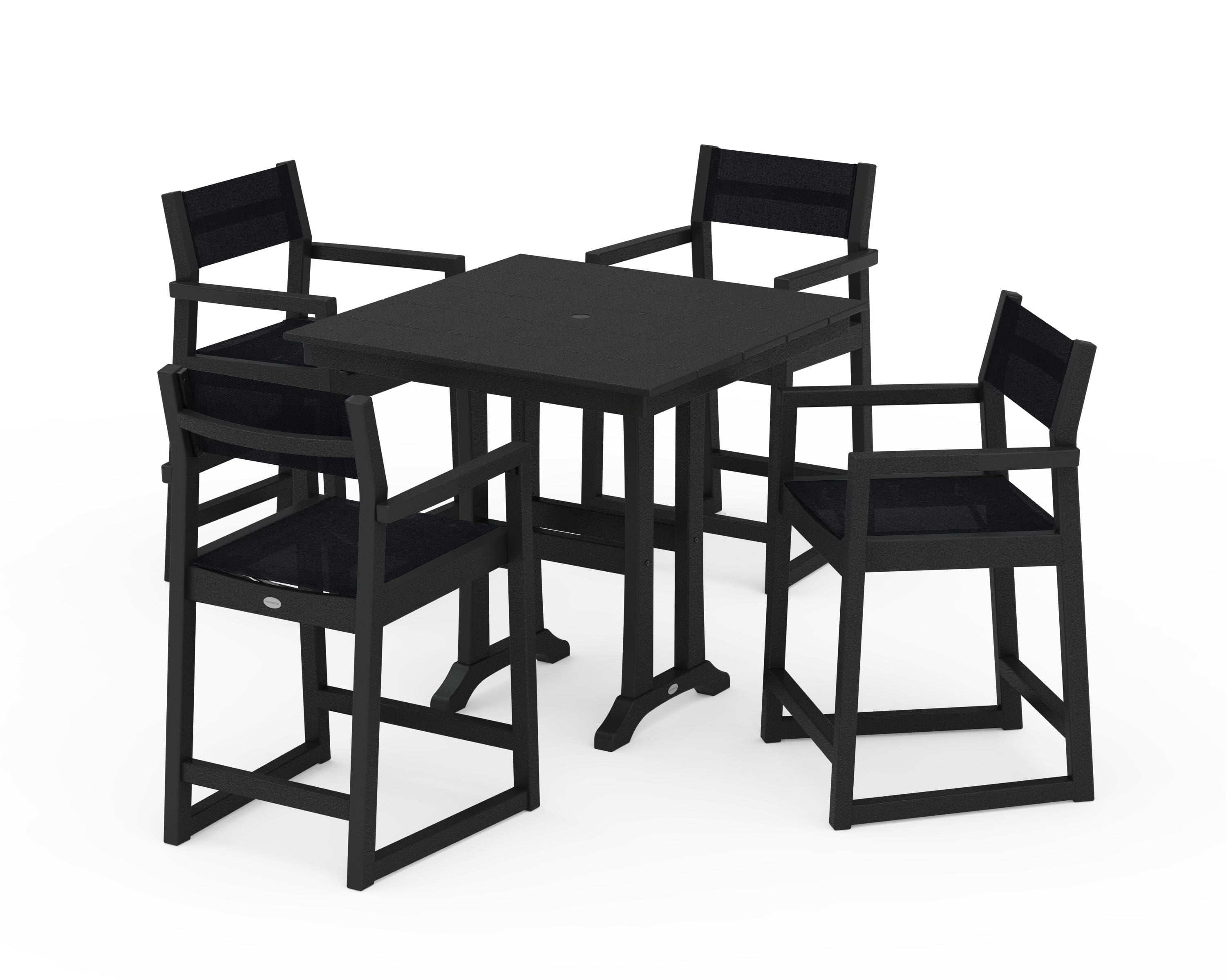 POLYWOOD® EDGE Sling Arm Chair 5-Piece Farmhouse Counter Set with Trestle Legs in Black / Black Sling