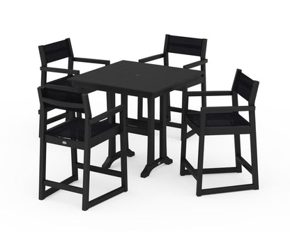 POLYWOOD® EDGE Sling Arm Chair 5-Piece Farmhouse Counter Set with Trestle Legs in Black / Black Sling