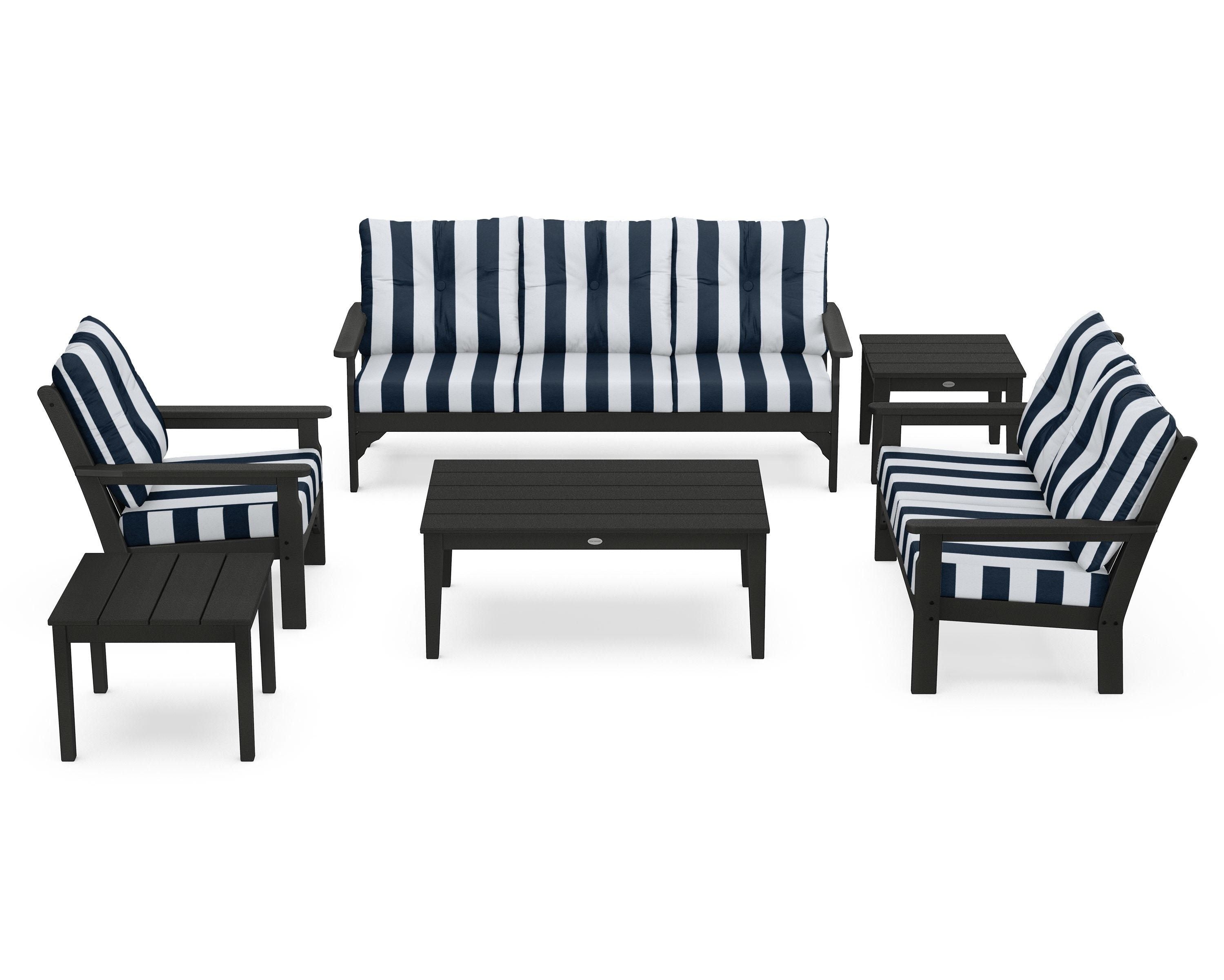 POLYWOOD® Vineyard 6-Piece Deep Seating Set in Green / Cabana Stripe Marine Indigo