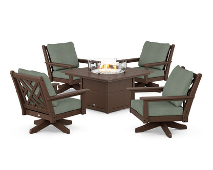 POLYWOOD® Chippendale 5-Piece Deep Seating Swivel Conversation Set with Fire Pit Table in Mahogany / Cast Sage