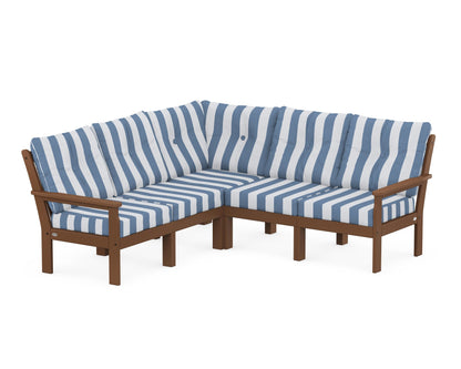 POLYWOOD® Vineyard 5-Piece Sectional in Teak / Cabana Stripe Sky Blue
