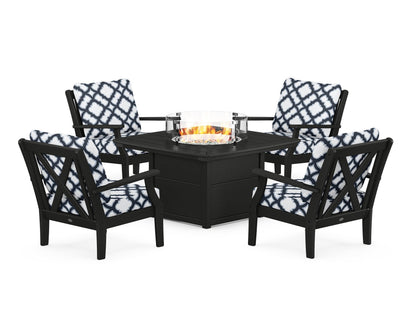 POLYWOOD® Braxton 5-Piece Deep Seating Conversation Set with Fire Pit Table in Black / Trellis Marine Indigo