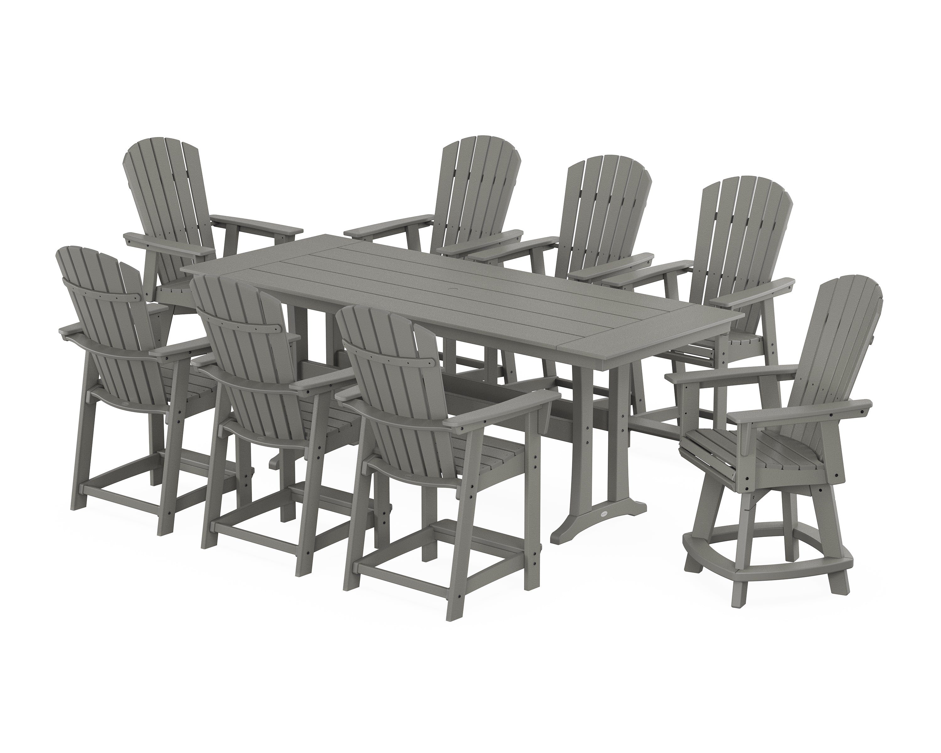 POLYWOOD® Nautical Curveback Adirondack Swivel Chair 9-Piece Farmhouse Counter Set with Trestle Legs in Slate Grey