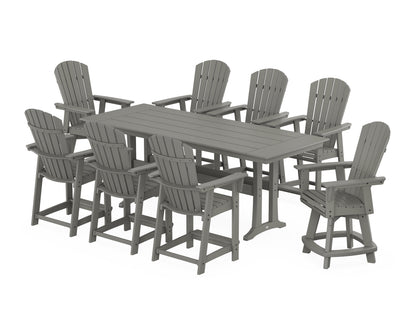 POLYWOOD® Nautical Curveback Adirondack Swivel Chair 9-Piece Farmhouse Counter Set with Trestle Legs in Slate Grey