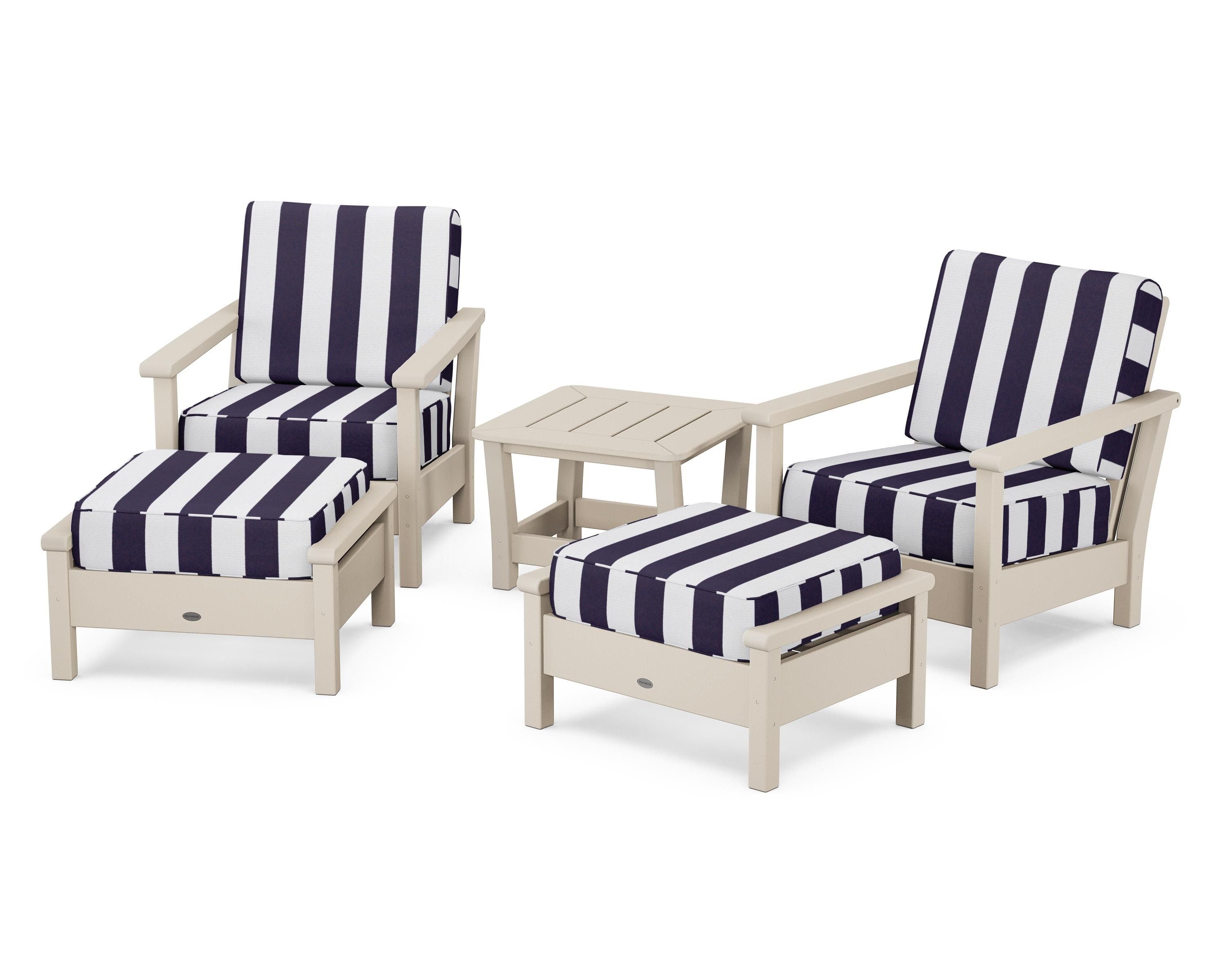 POLYWOOD® Harbour 5-Piece Deep Seating Chair Set in Sand / Cabana Stripe Navy