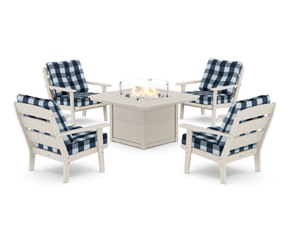 POLYWOOD® Lakeside 5-Piece Deep Seating Set with Nautical Fire Pit Table in Sand / Buffalo Plaid Marine Indigo