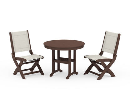 POLYWOOD® Coastal Folding Side Chair 3-Piece Round Dining Set in Mahogany / Parchment Sling