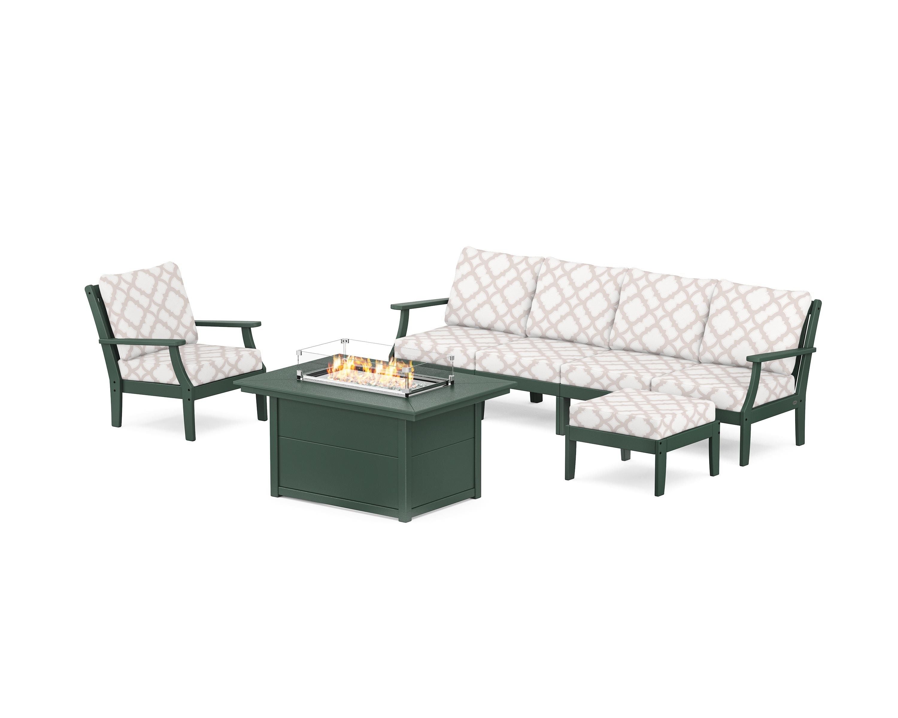 POLYWOOD® Braxton Sectional Lounge and Fire Pit Set in Green / Trellis Dune Burlap
