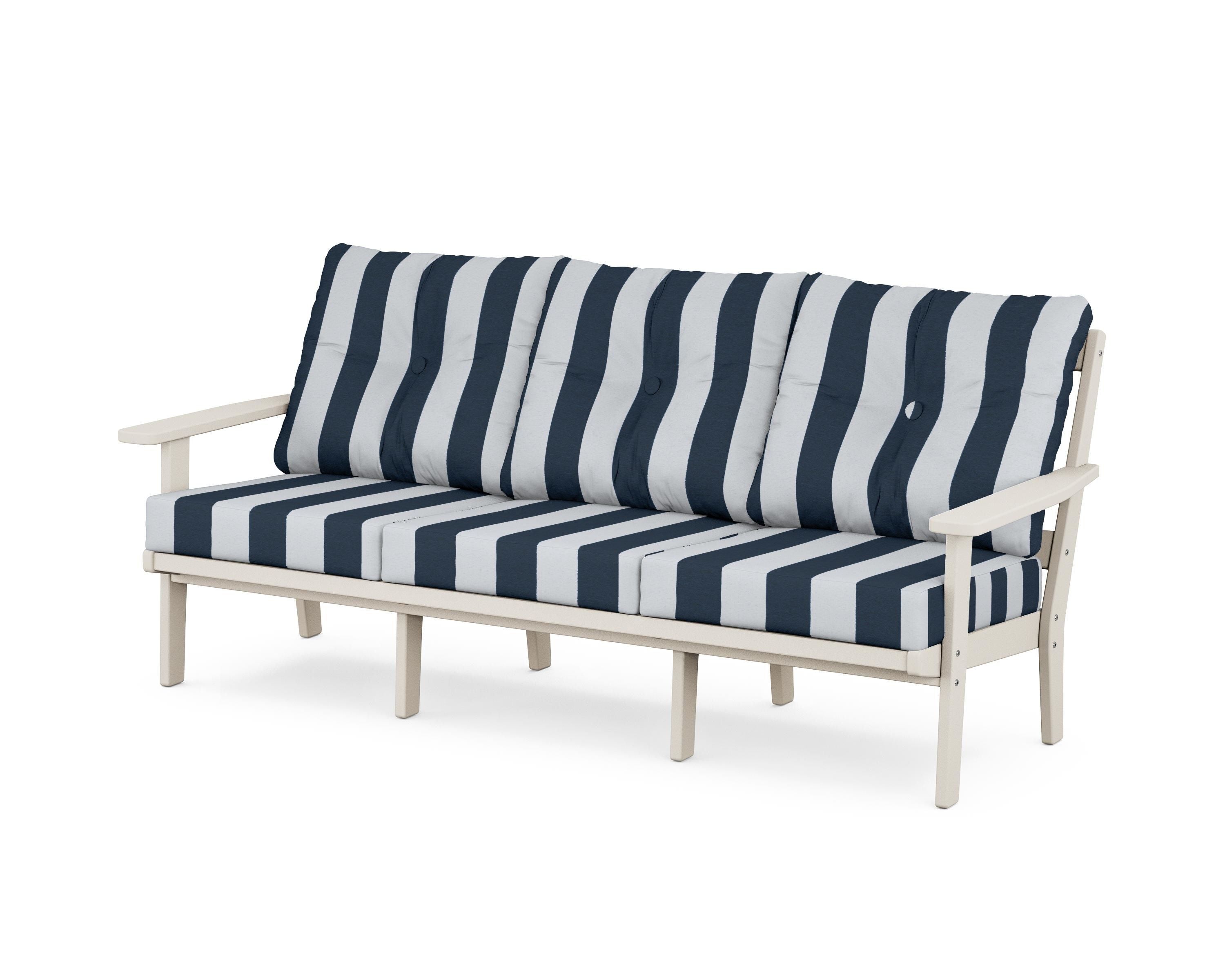 POLYWOOD® Prairie Deep Seating Sofa in Sand / Cabana Stripe Marine Indigo