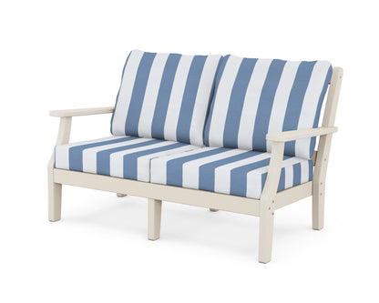 Martha Stewart by POLYWOOD® Chinoiserie Deep Seating Loveseat in Sand / Cabana Stripe Sky Blue
