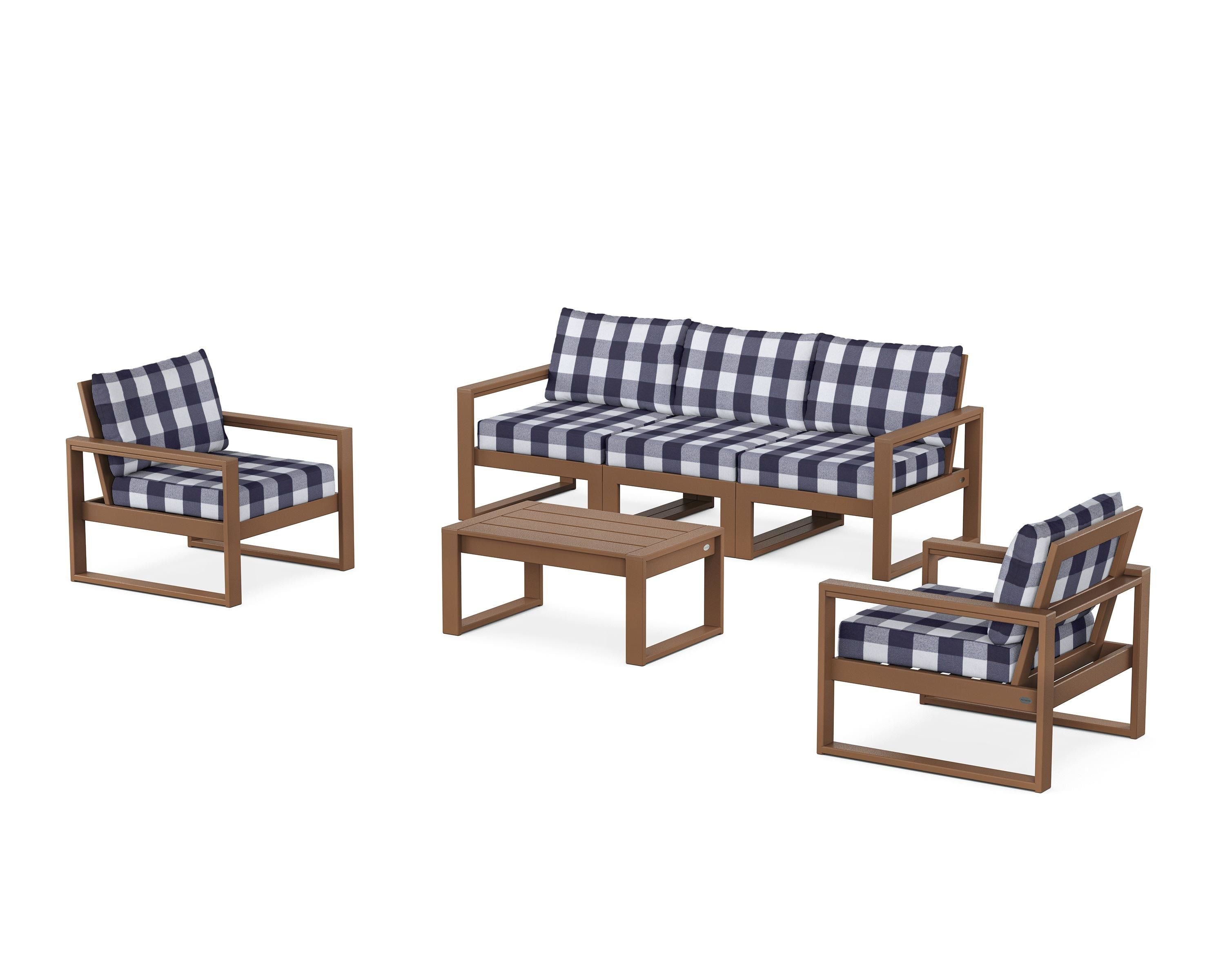 POLYWOOD® EDGE Sectional 4-Piece Deep Seating Set with Sofa in Teak / Buffalo Plaid Navy