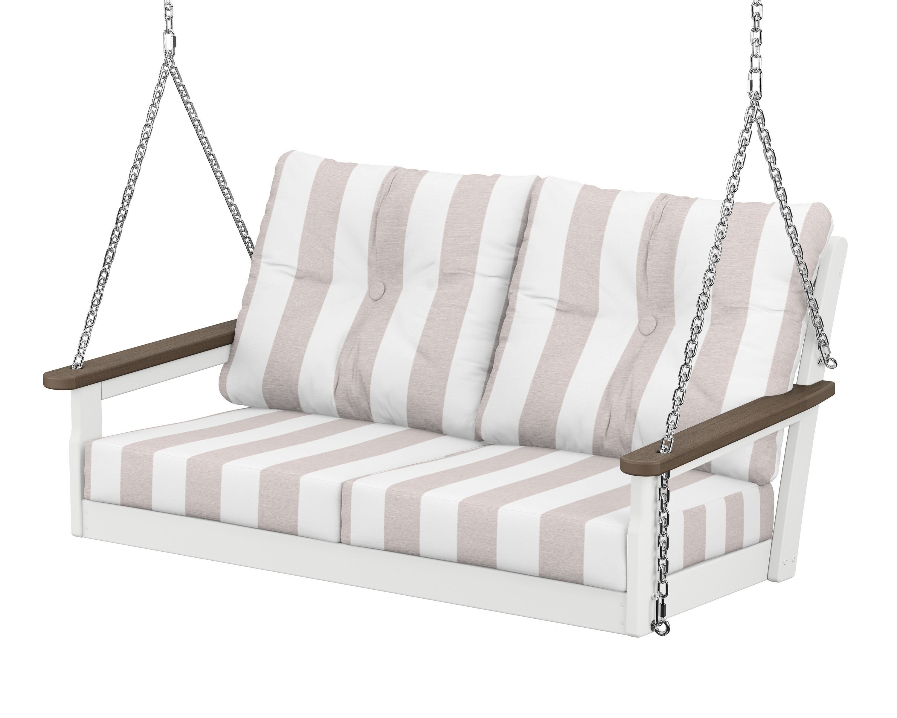POLYWOOD® Vineyard Deep Seating Swing in White / Kona / Cabana Stripe Dune Burlap