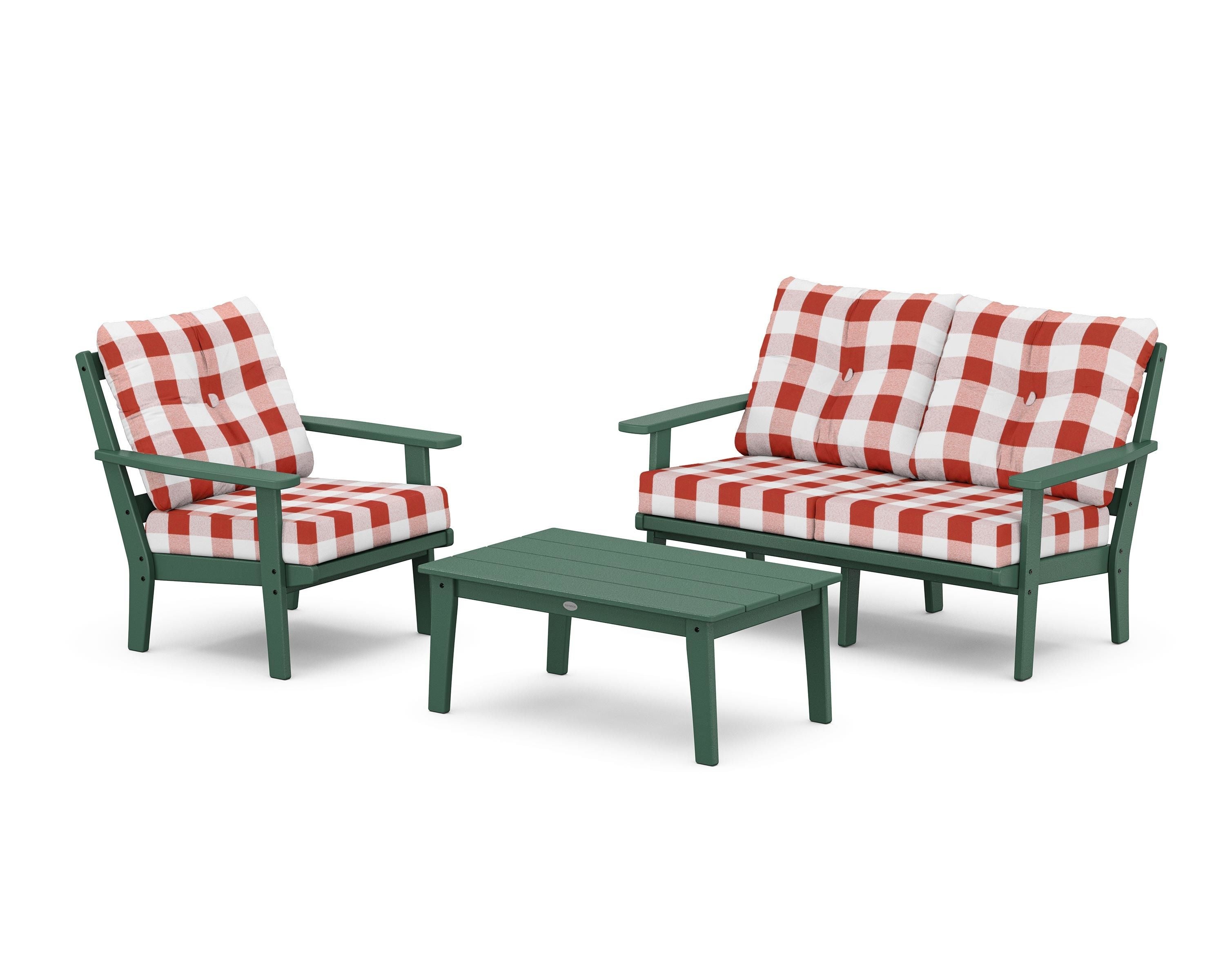 POLYWOOD® Prairie 3-Piece Deep Seating Set with Loveseat in Green / Buffalo Plaid Crimson